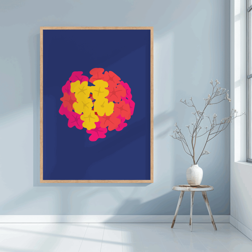 Modern floral artprint mockup featuring lantana flower on deep navy background – nature-inspired wall decor
