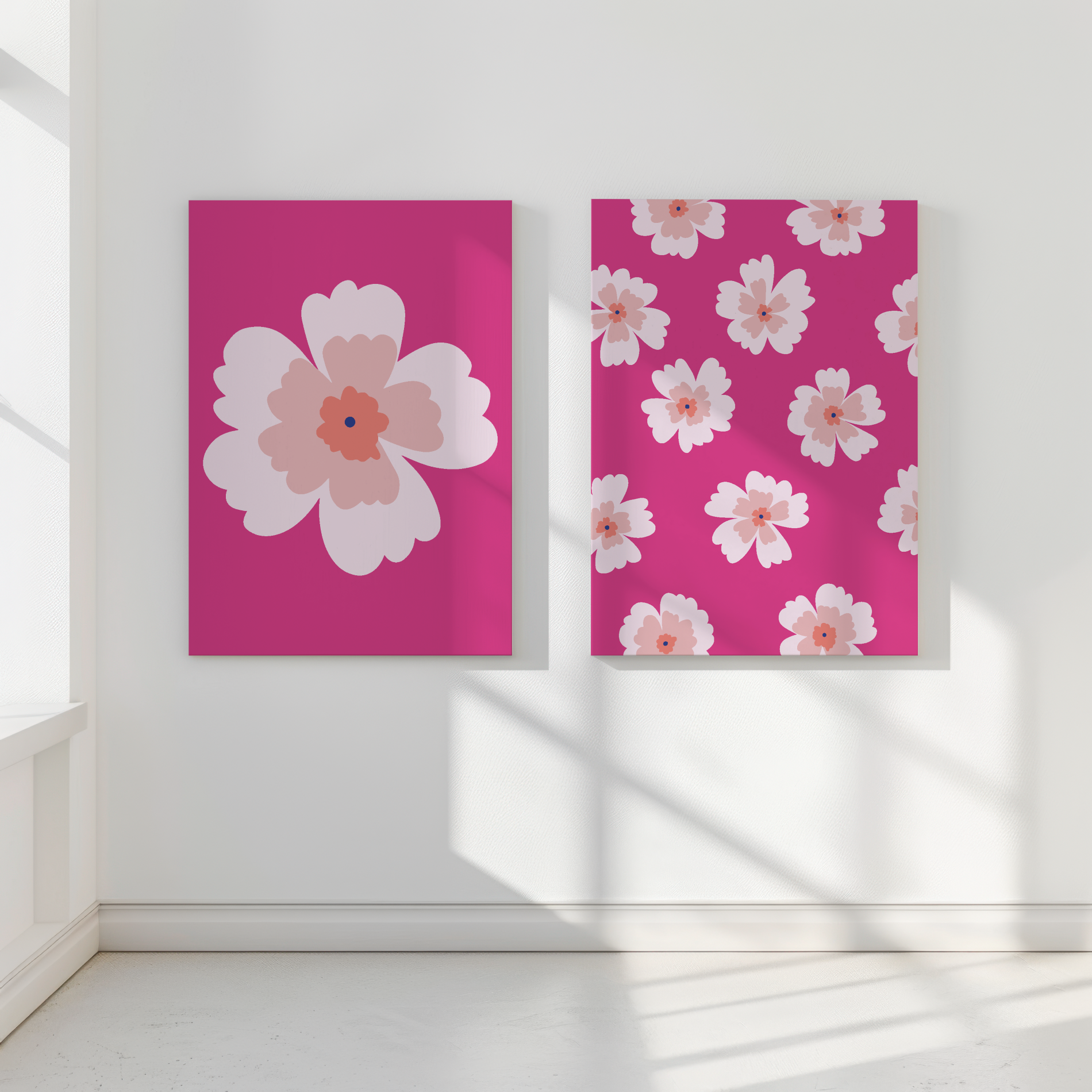 Set of two pink flower artprint mockups – one with a single graphic bloom, the other with a repeat floral pattern on pink background