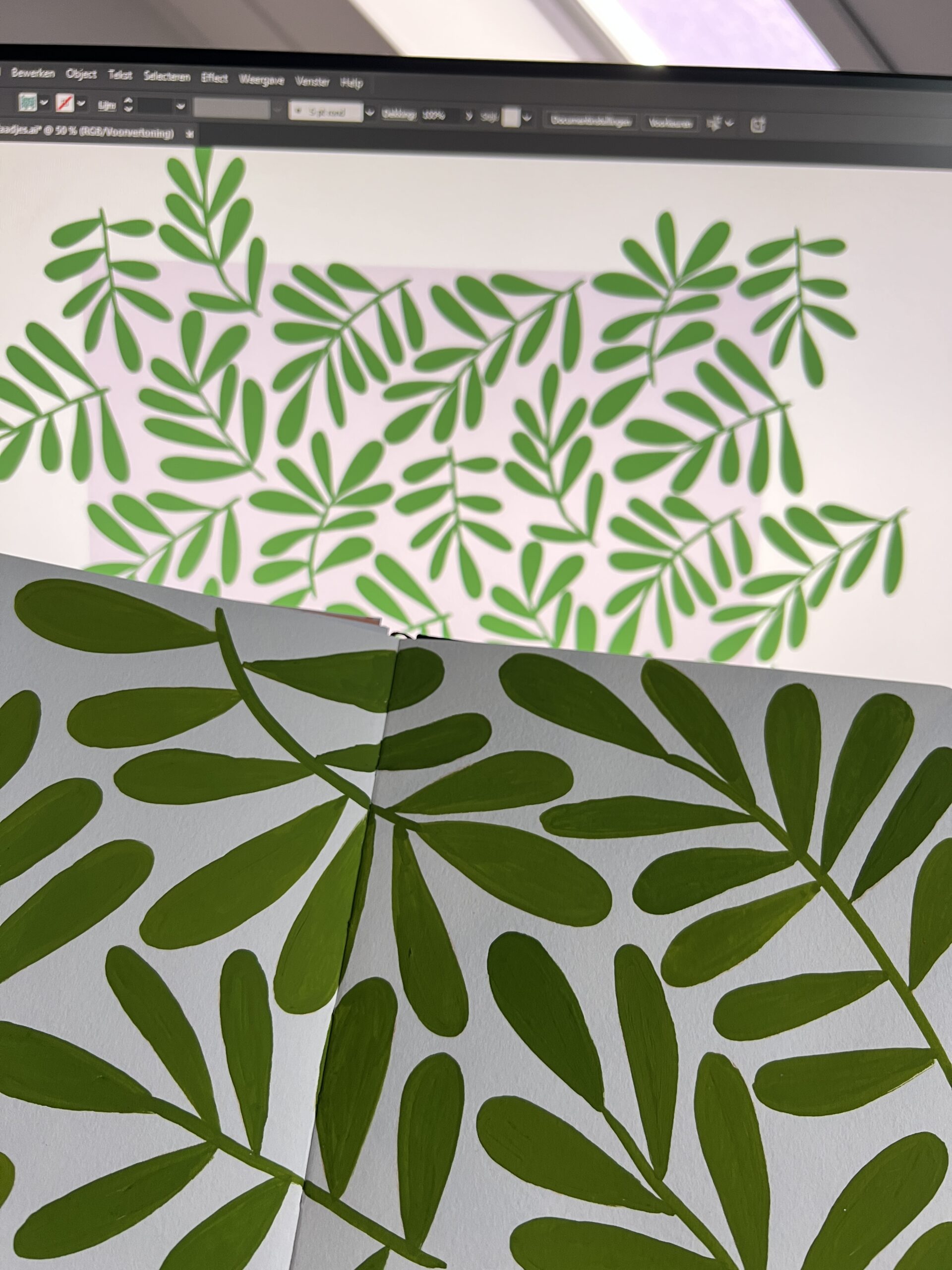 Side-by-side comparison of sketch and final digital pattern design – from hand to screen