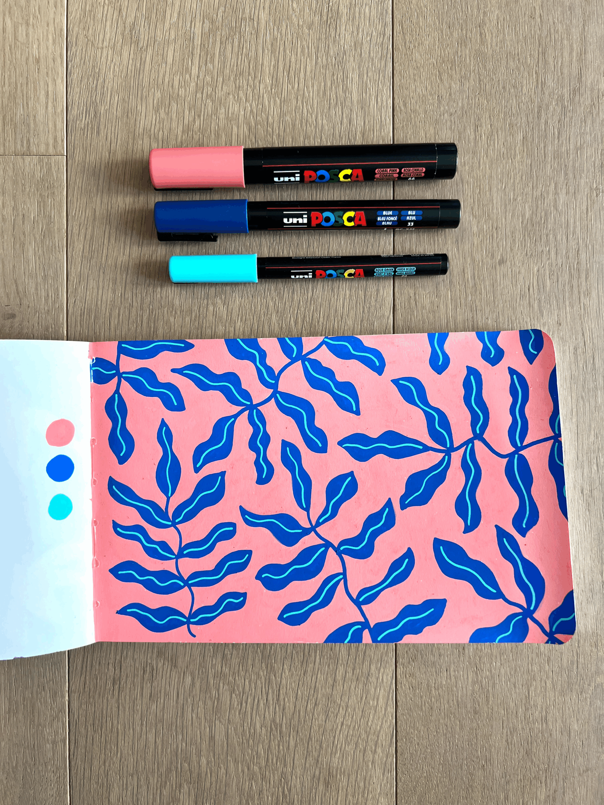 Creative workspace with sketchbook, Posca pens – pattern development scene